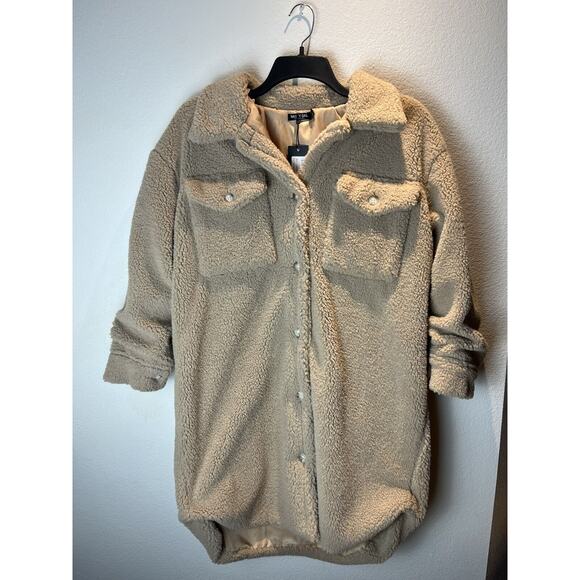 Nasty Gal, Plus Size Longline Borg Jacket, Tan, Size 16 - Picture 1 of 6